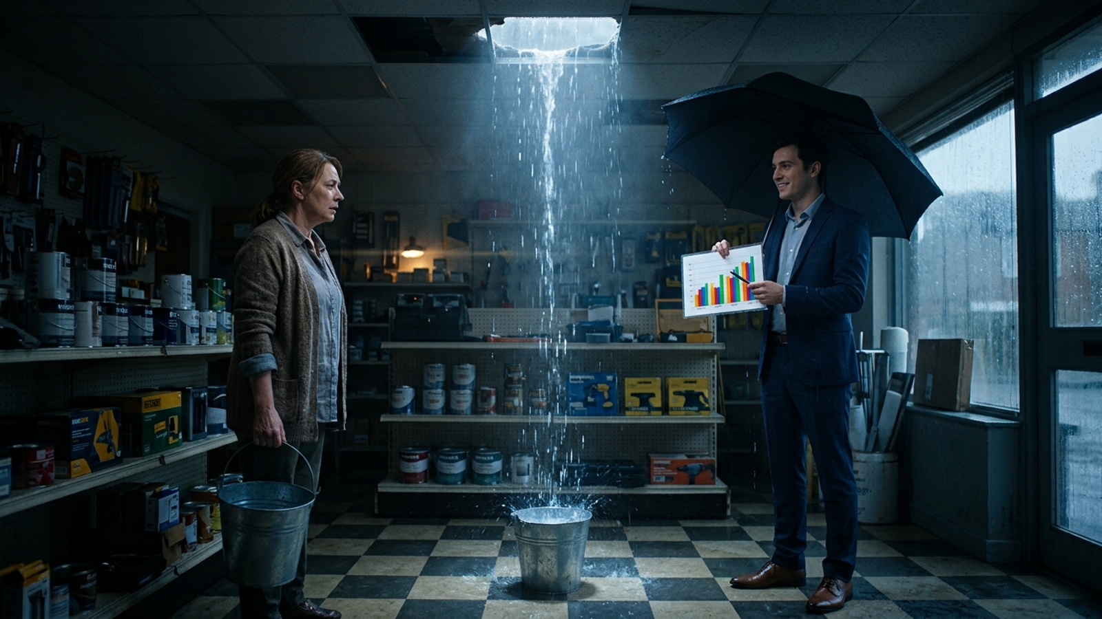 A consultant under an indoor umbrella shows a colourful chart to a shop owner holding a bucket under a leaking roof: a report, not a repair.