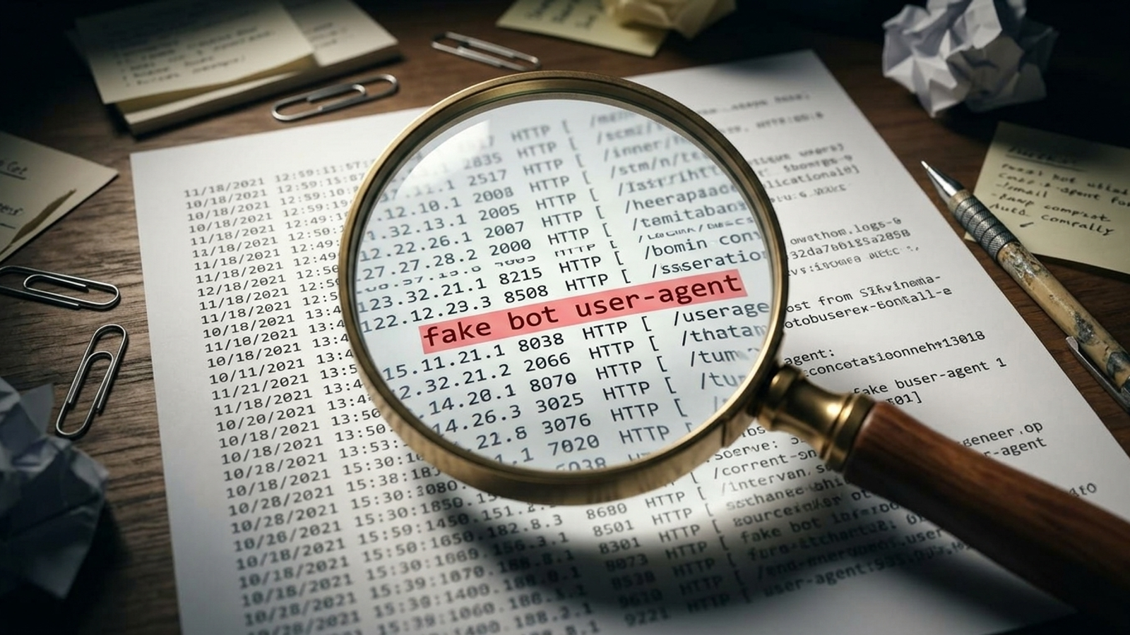 Server log printout under a magnifying glass highlighting a fake Googlebot user-agent line