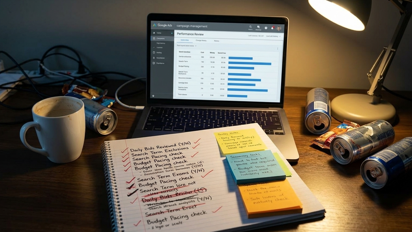 Overhead photo of a laptop, notebook checklist, and coffee during manual account review