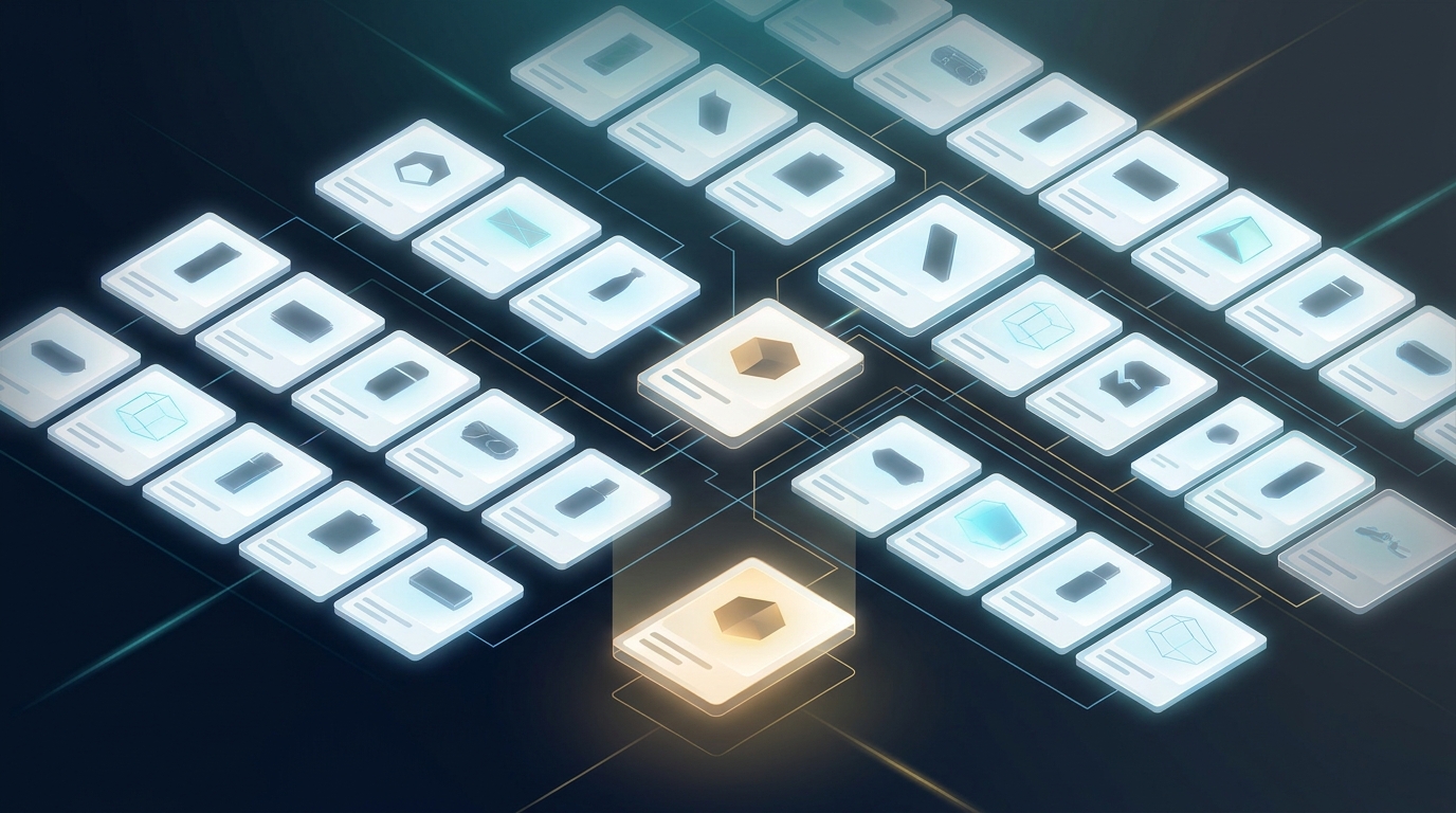 Abstract editorial illustration of glowing product cards arranged in a structured grid, symbolizing Google Shopping feed optimization and ecommerce scaling in 2026.